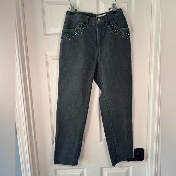 Rare Vintage Cache Embellished Dark Green Textured High Rise Mom Jeans Size 6 - Picture 1 of 13
